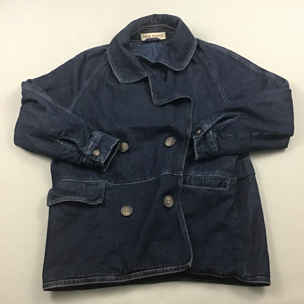 Free People Denim Jacket Women Small Blue Double Breated Notch Label Heavyweight
